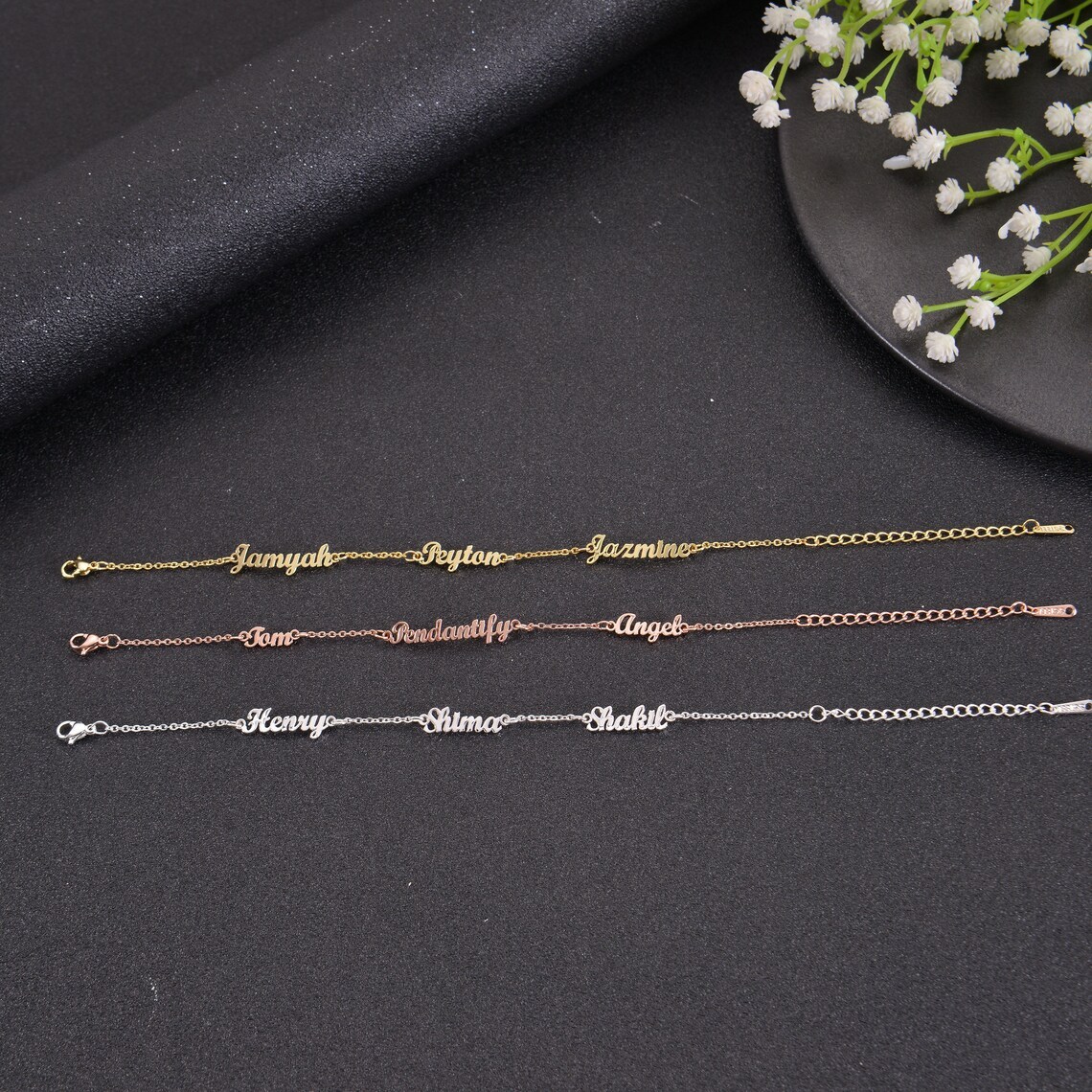 Gold Plated Triple Nameplated Personalized Custom Name Bracelet