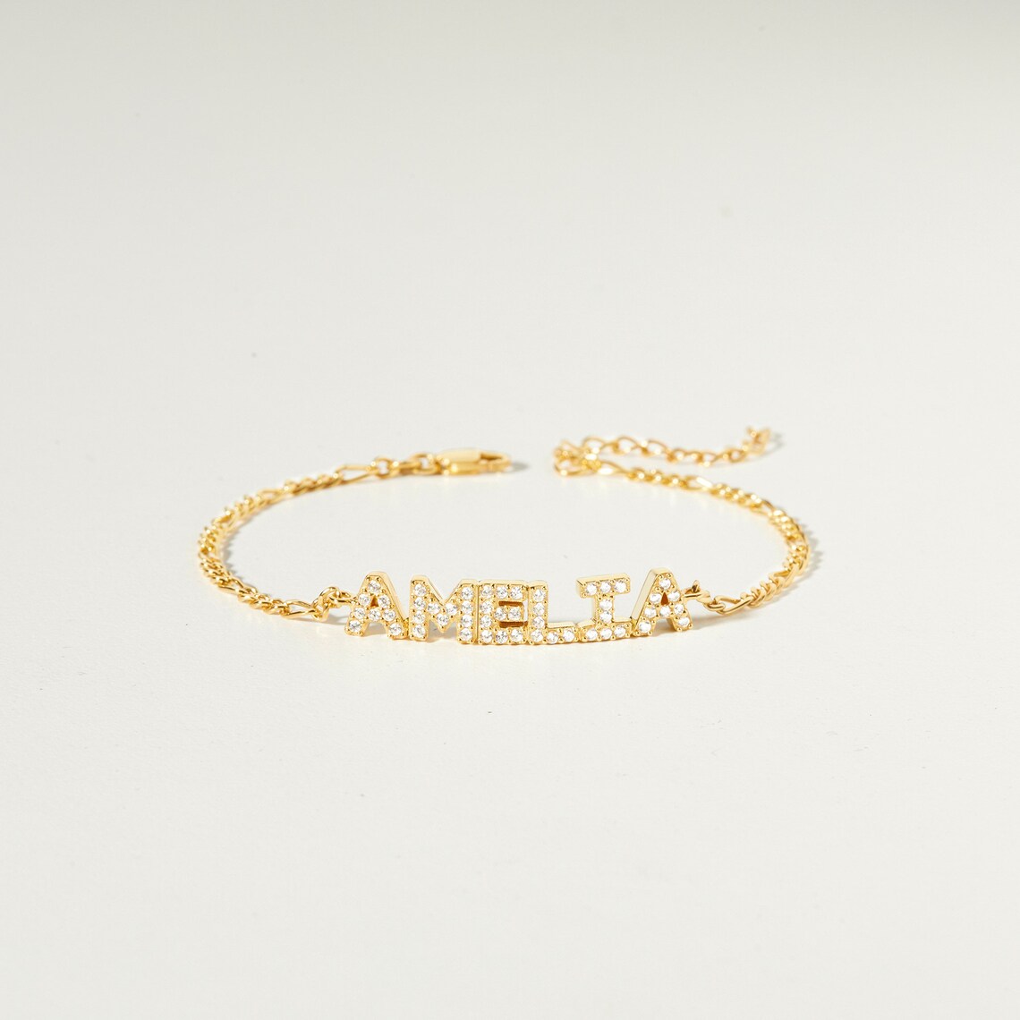 Dainty Zircon Nameplated Gold Plated Figaro Chain Personalized Custom 