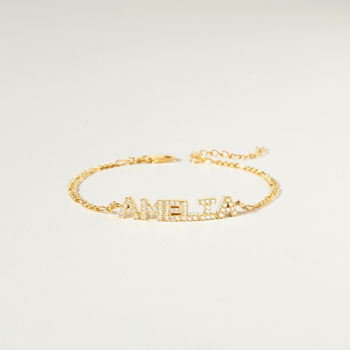 Dainty Zircon Nameplated Gold Plated Figaro Chain Personalized Custom