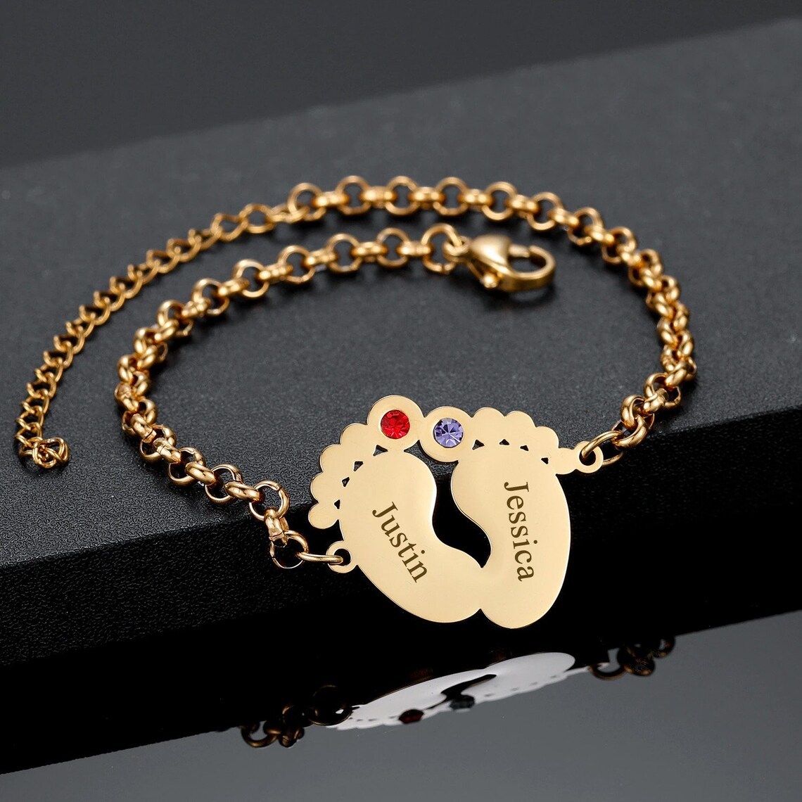 Baby Feet Birthstone Bracelet Personalized Name Bracelet