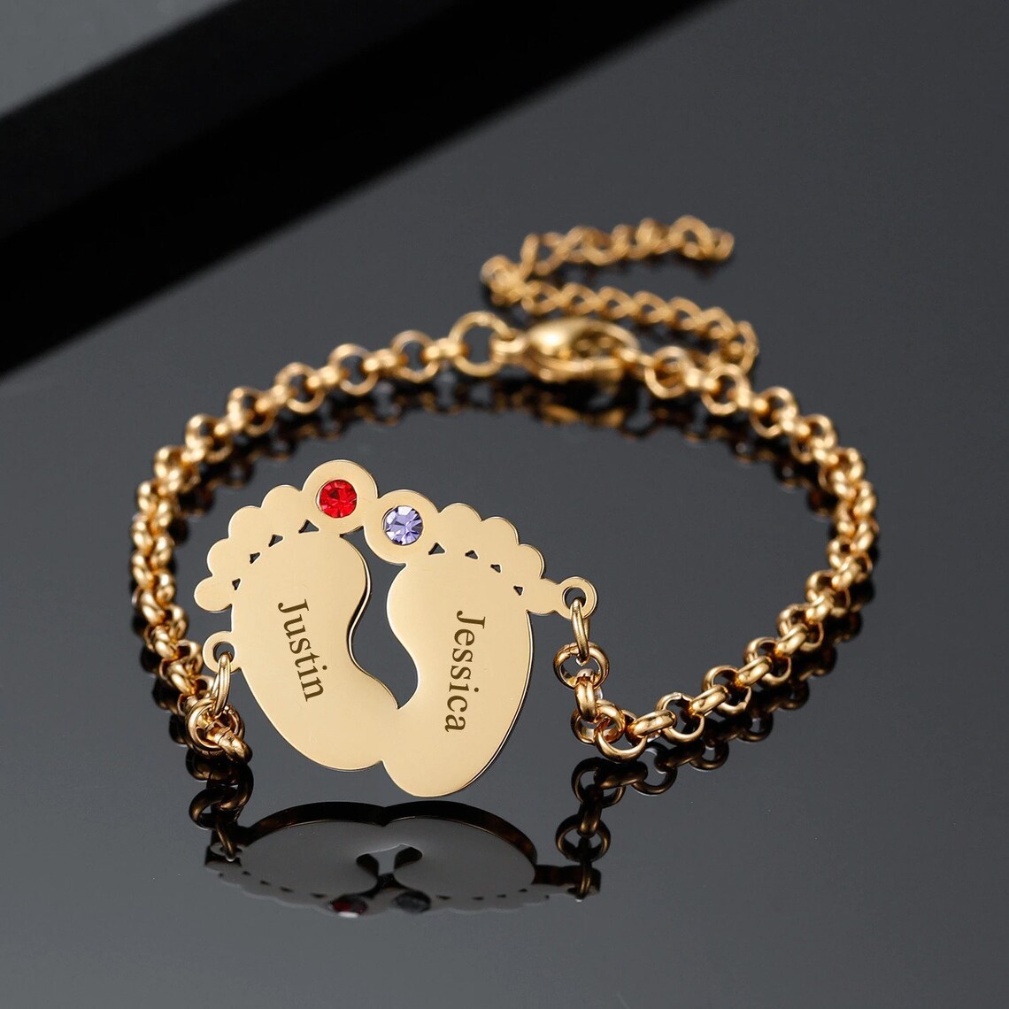 Baby Feet Birthstone Bracelet Personalized Name Bracelet