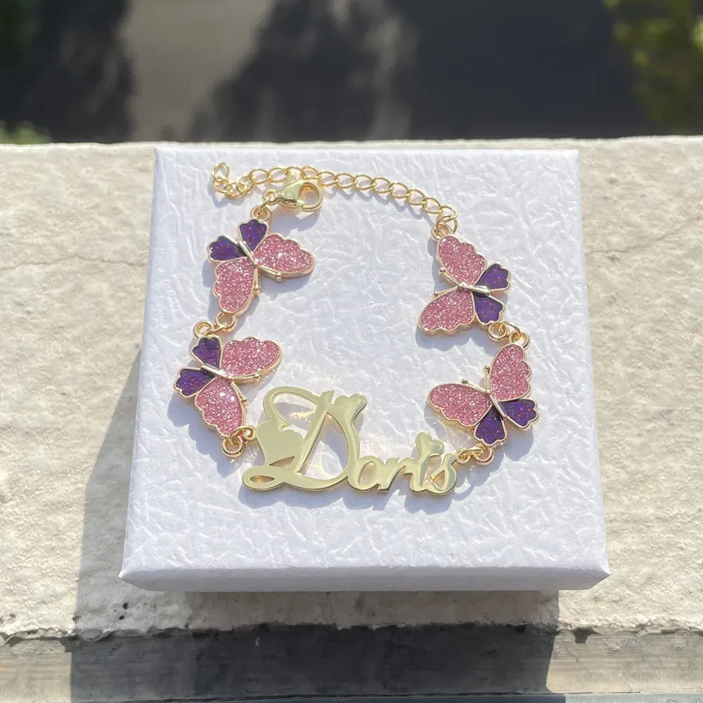 Butterfly Heart Bracelet Custom Name Bracelet Gold Plated