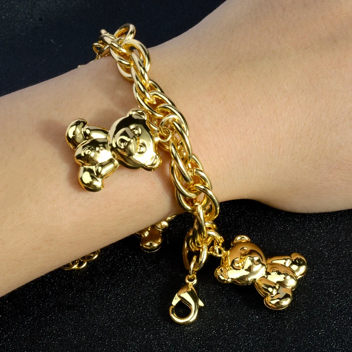 Gold Plated Bear Pendant Charms Twist Hand Link Bracelet