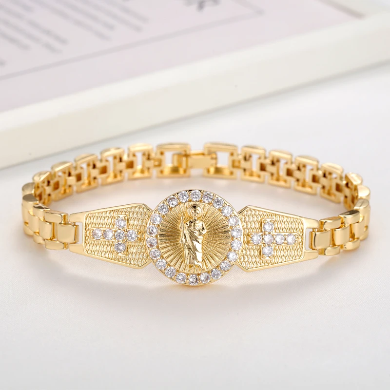 Religious Virgin Mary Watch Band Chain Zircon Cross Bracelet
