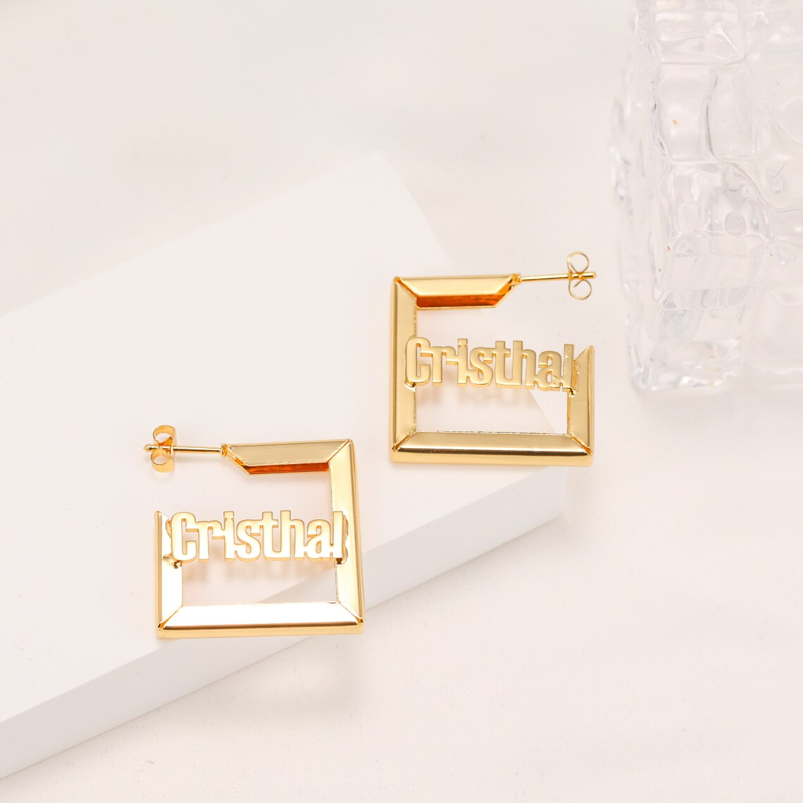 Open Square Earrings Personalized Name Earrings