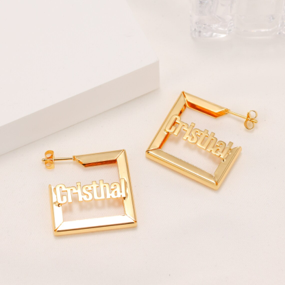 Open Square Earrings Personalized Name Earrings