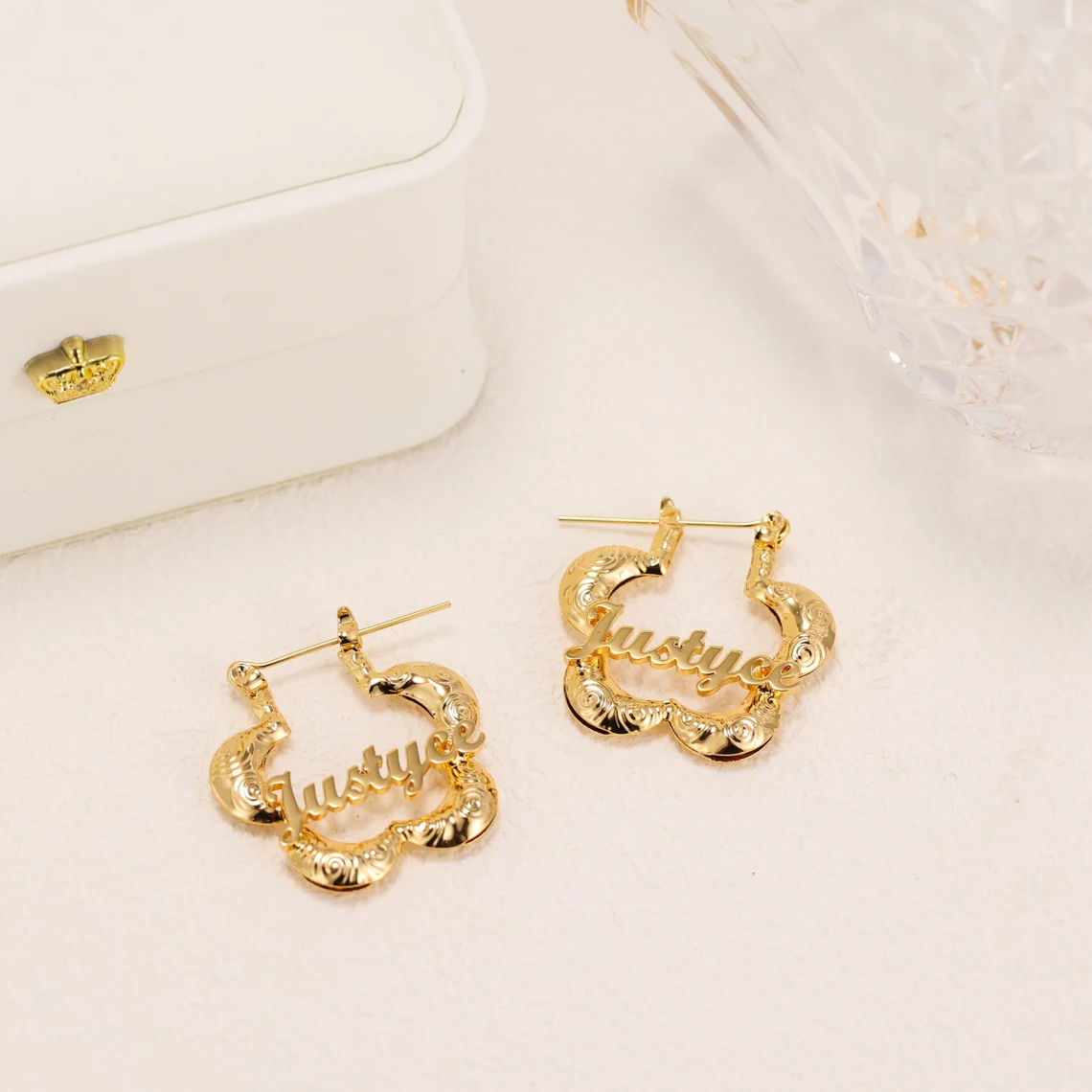 Petal Shape Flower Hoop Earrings Personalized Name Earrings