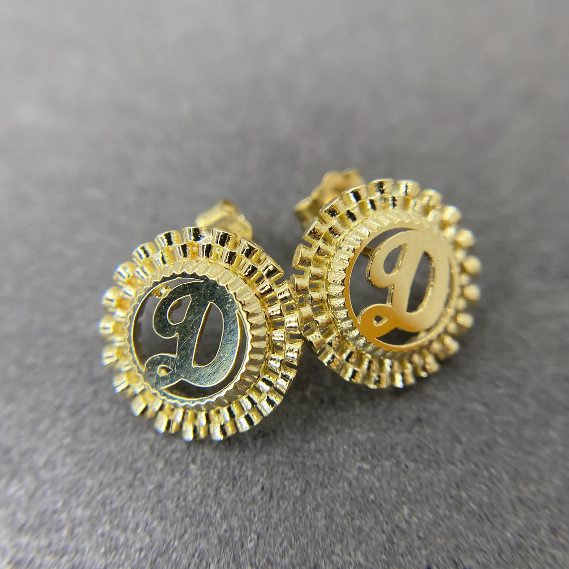 Personalized Oyster Style Round Initial Letter Stud Earrings