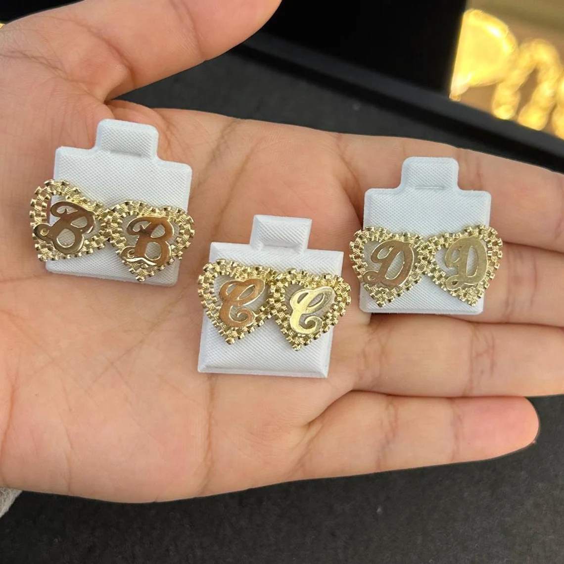 Rolex Style Heart Diamond Cut Personalized Initial Stud Earrings