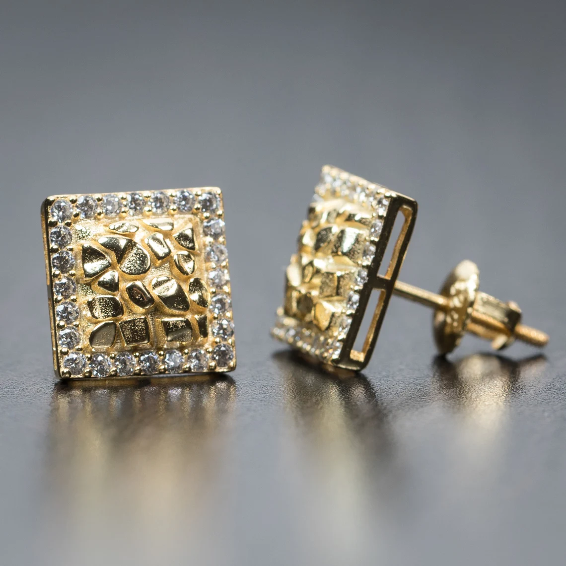 Square Gold Plated Hip Hop Nugget Stud Earrings 