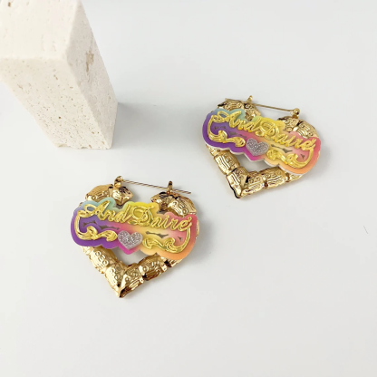 Acrylic Nameplate With Heart Shaped Personalized Name Earrings 