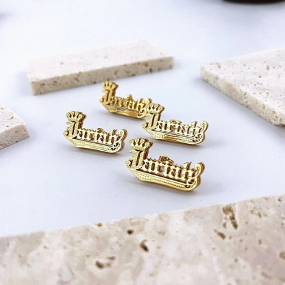 Double Layer Crown Wth Diamond Cut Personalized Name Stud Earrings