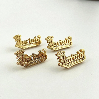 Double Layer Crown Wth Diamond Cut Personalized Name Stud Earrings