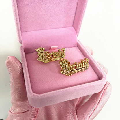 Double Layer Crown Wth Diamond Cut Personalized Name Stud Earrings