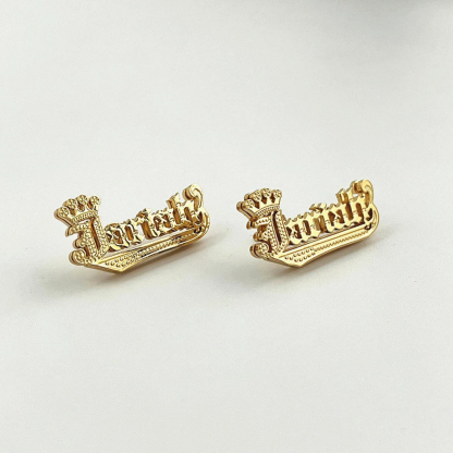 Double Layer Crown Wth Diamond Cut Personalized Name Stud Earrings