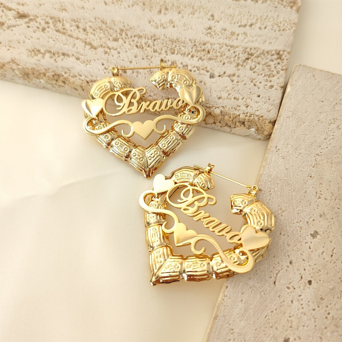 Heart Nameplated Bamboo Shape Personalized Name Earrings