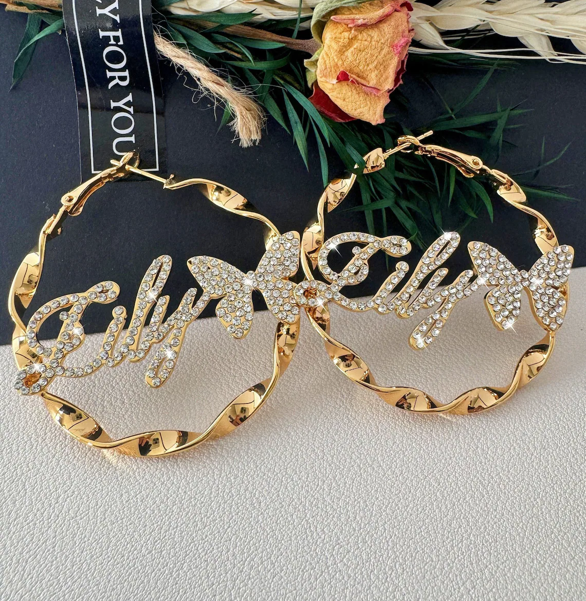 Iced Out Zircon Butterfly Nameplated Personalized Hoop Name Earrings 