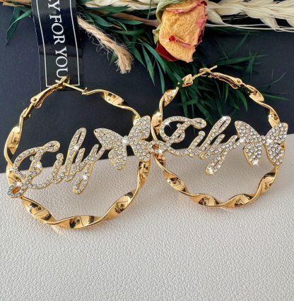 Iced Out Zircon Butterfly Nameplated Personalized Hoop Name Earrings 