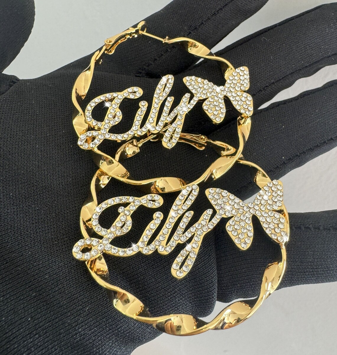 Iced Out Zircon Butterfly Nameplated Personalized Hoop Name Earrings