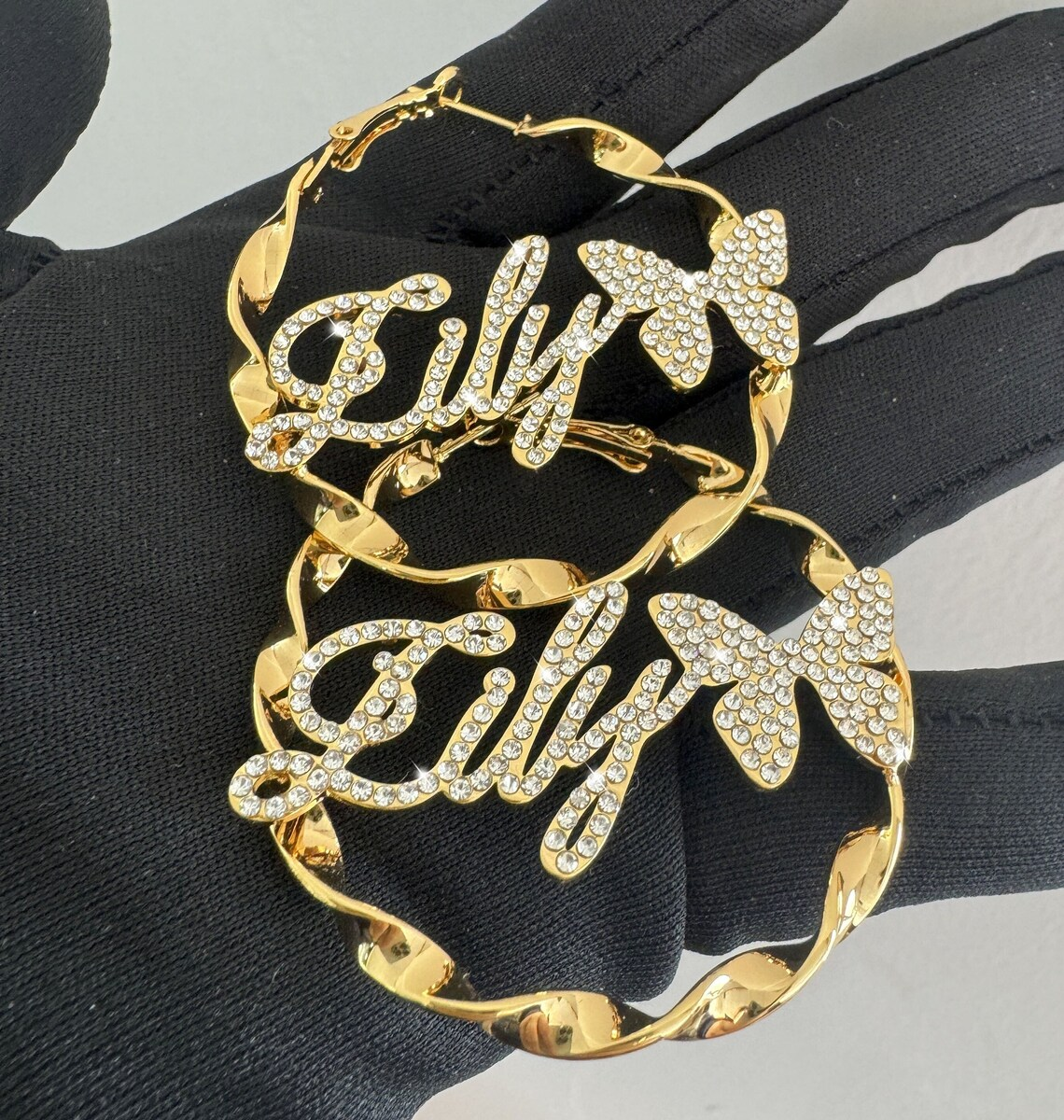 Iced Out Zircon Butterfly Nameplated Personalized Hoop Name Earrings 