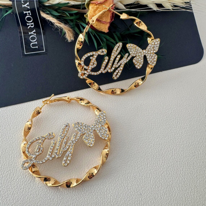 Iced Out Zircon Butterfly Nameplated Personalized Hoop Name Earrings 
