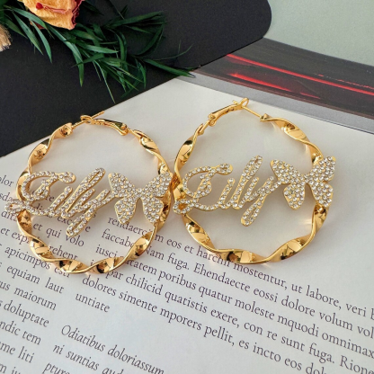 Iced Out Zircon Butterfly Nameplated Personalized Hoop Name Earrings 
