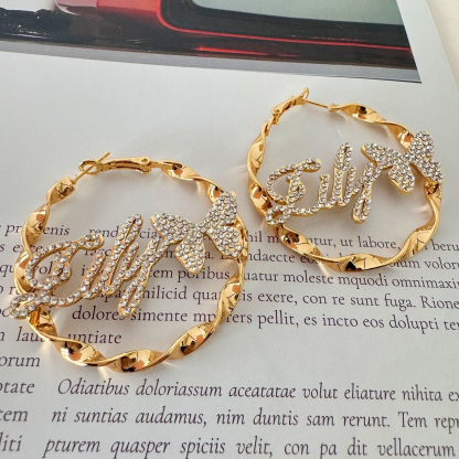 Iced Out Zircon Butterfly Nameplated Personalized Hoop Name Earrings 