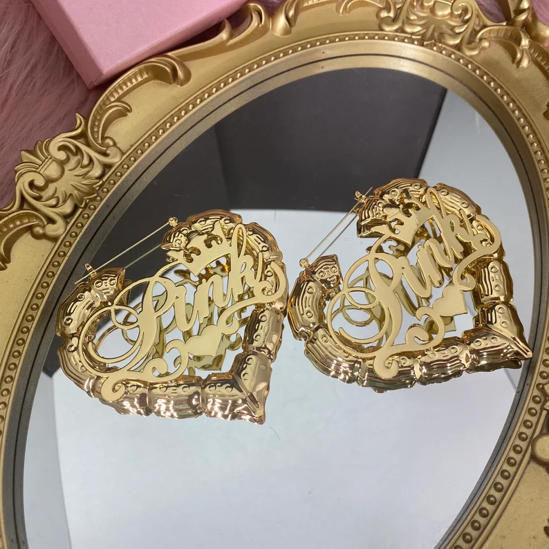 Crown Heart Personalized Bamboo Hoop Name Earrings 