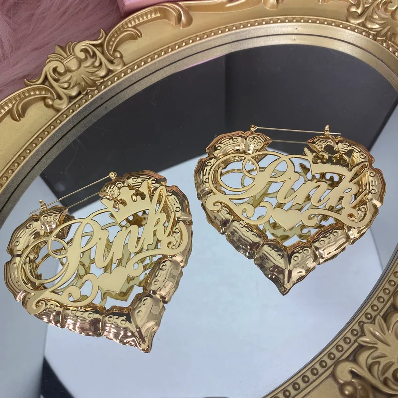 Crown Heart Personalized Bamboo Hoop Name Earrings 