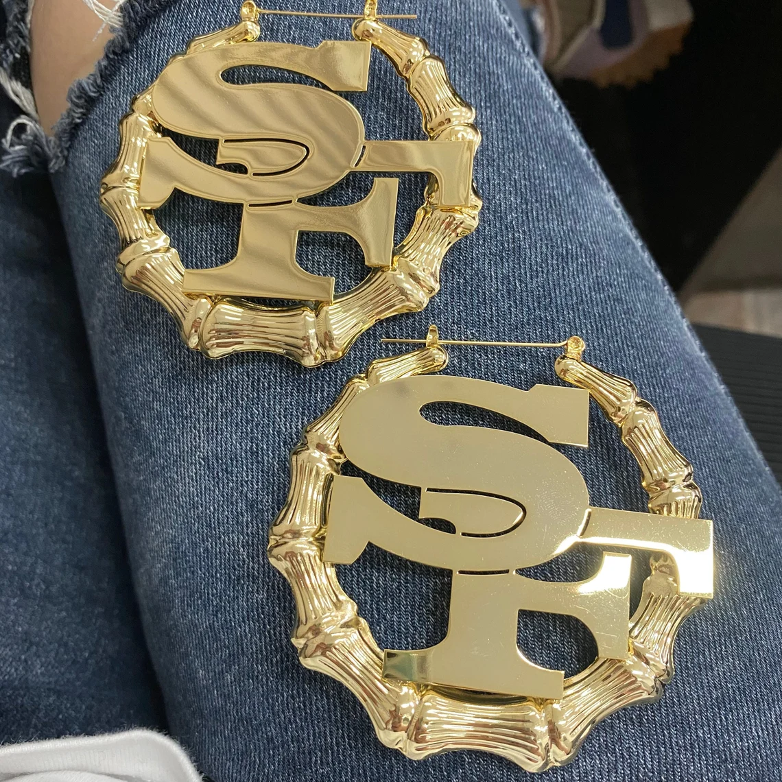 Gold Plated Two Letters Personalized Bamboo Earrings 