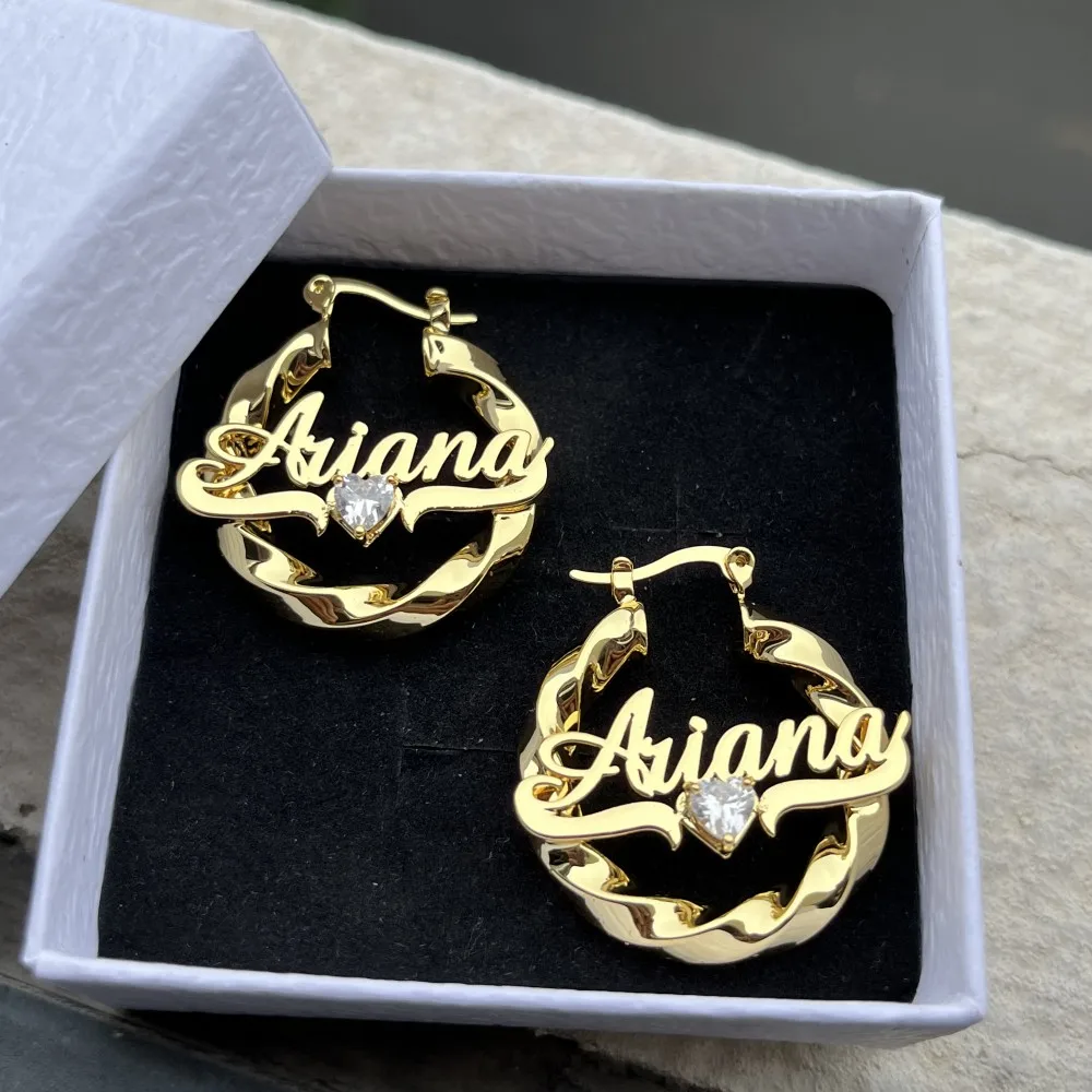 Birthstone Nameplated Earrings Personalized Twist Name Earrings 