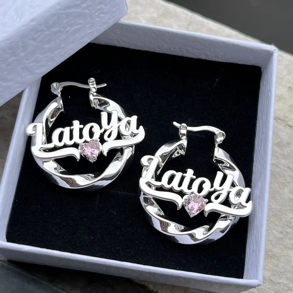 Birthstone Nameplated Earrings Personalized Twist Name Earrings 