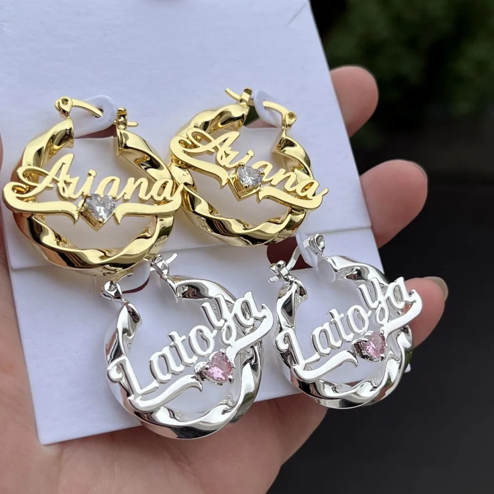 Birthstone Nameplated Earrings Personalized Twist Name Earrings 