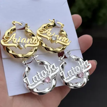 Birthstone Nameplated Earrings Personalized Twist Name Earrings 