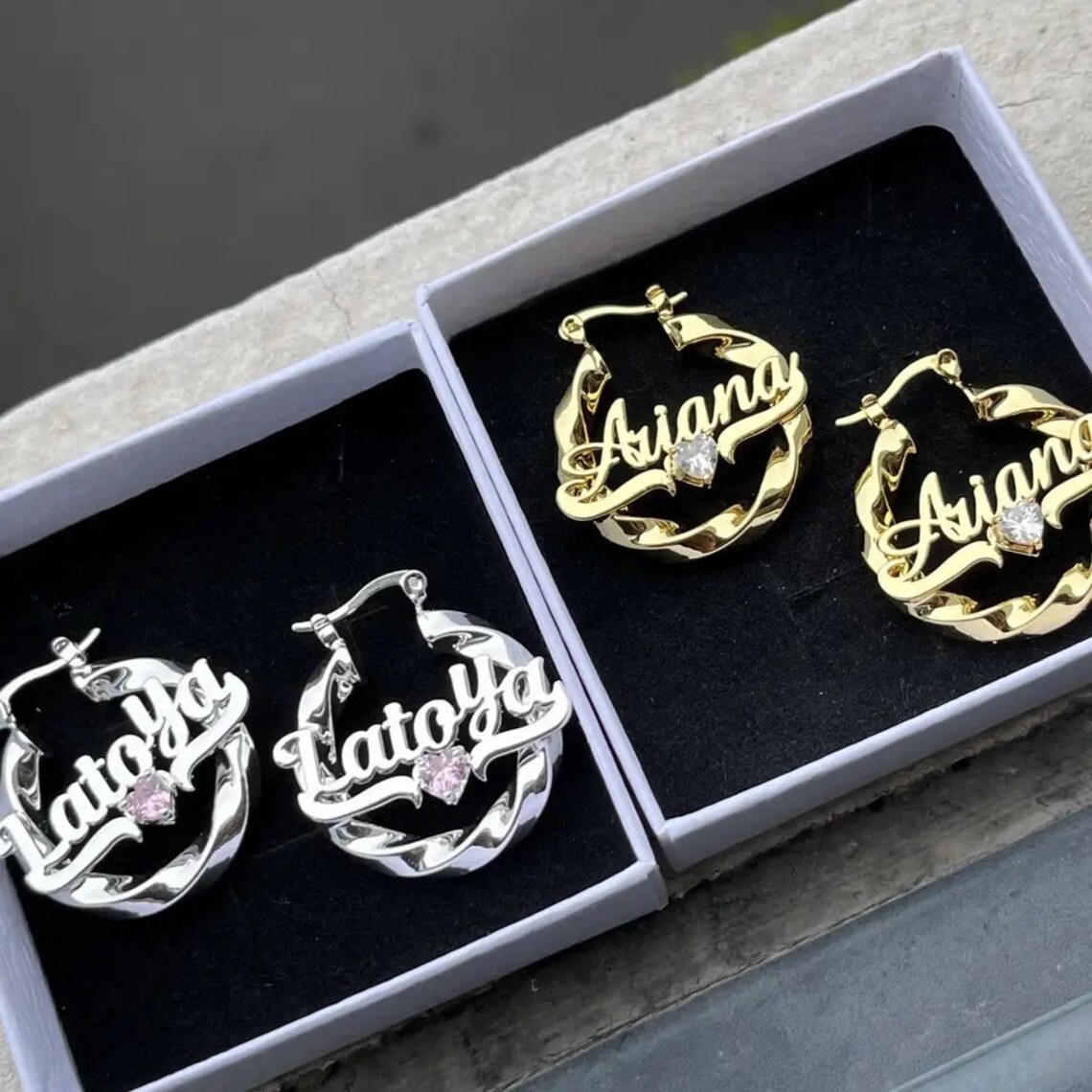 Birthstone Nameplated Personalized Twist Name Earrings