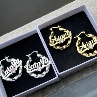 Birthstone Nameplated Personalized Twist Name Earrings 