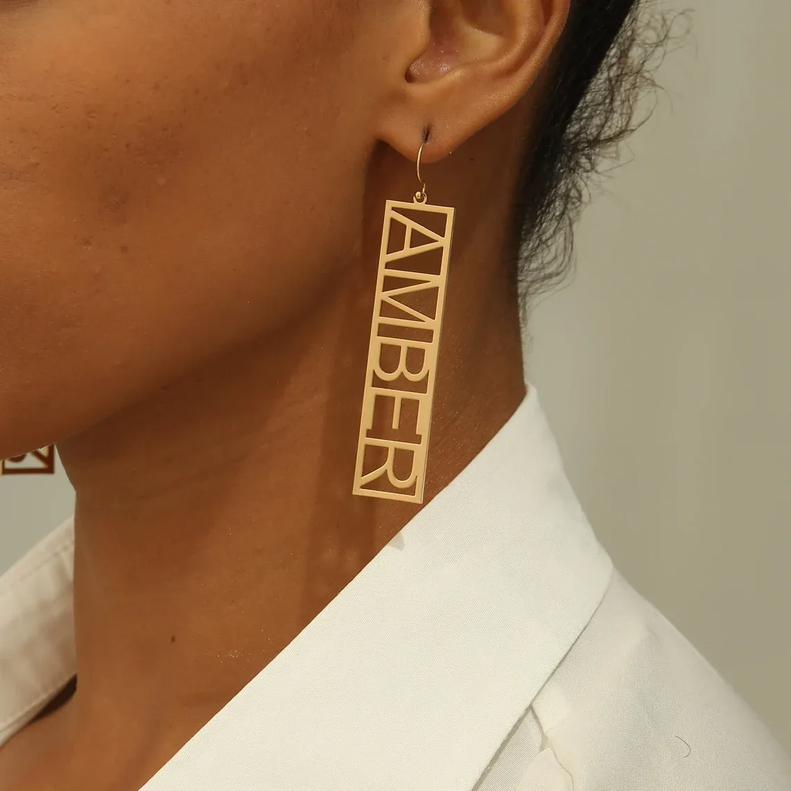 Personalized Gold Plated Rectangle Shaped Name Earrings