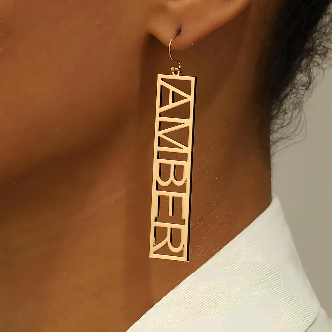 Personalized Gold Plated Rectangle Shaped Name Earrings