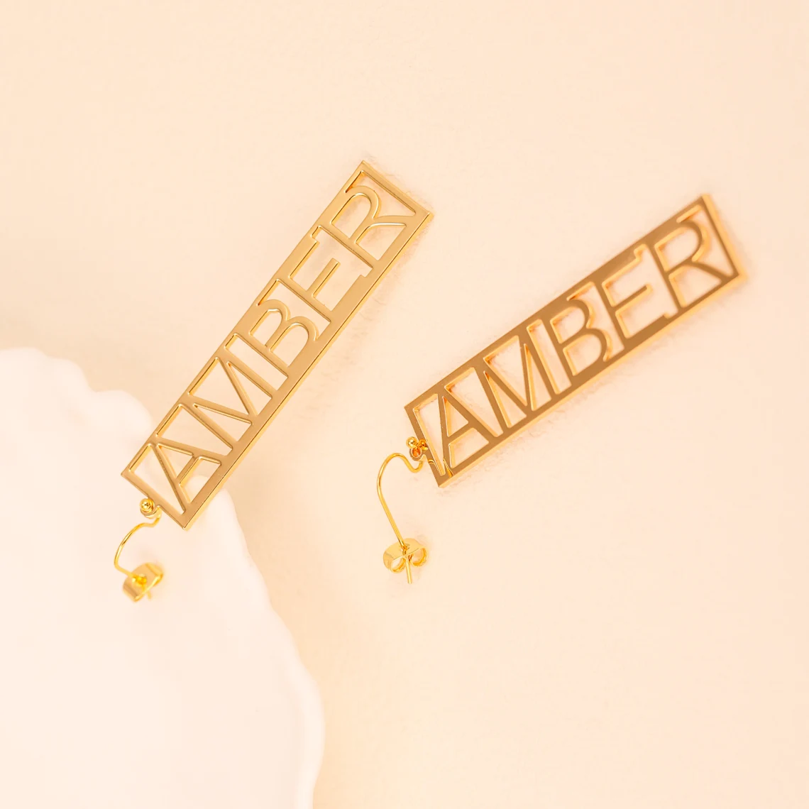Personalized Gold Plated Rectangle Shaped Name Earrings 