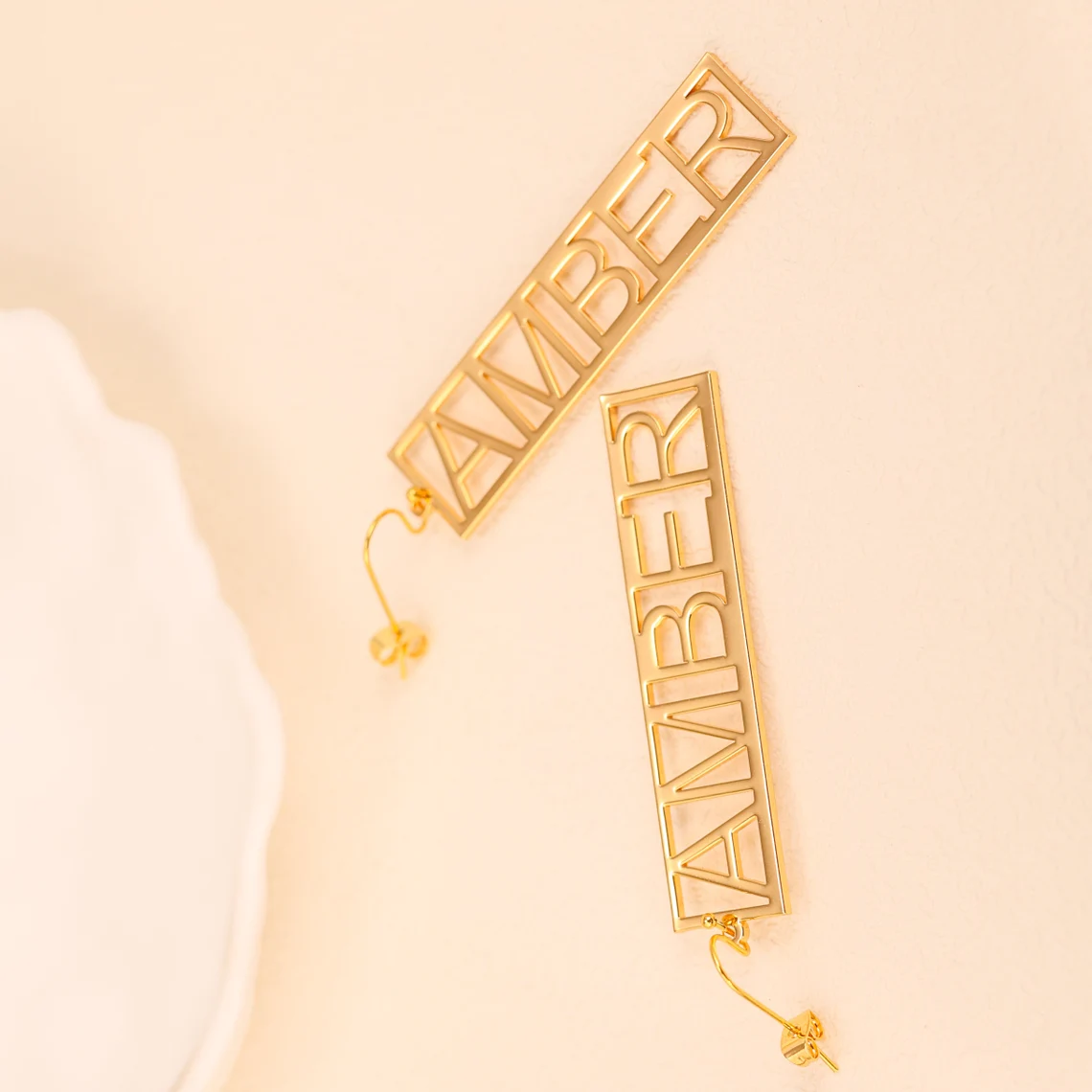 Personalized Gold Plated Rectangle Shaped Name Earrings 