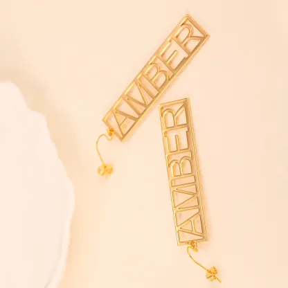 Personalized Gold Plated Rectangle Shaped Name Earrings 