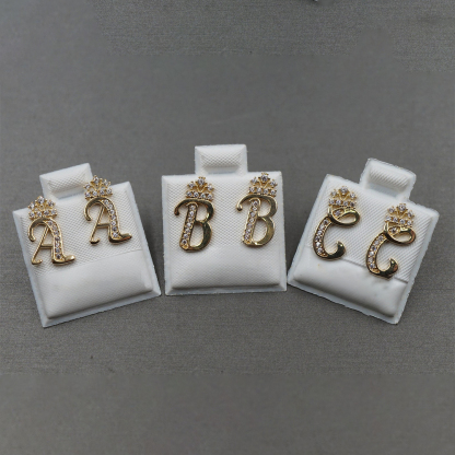 Fancy Crown Initial Letter A to Z CZ Stud Earring Personalized Custom Initial Earrings