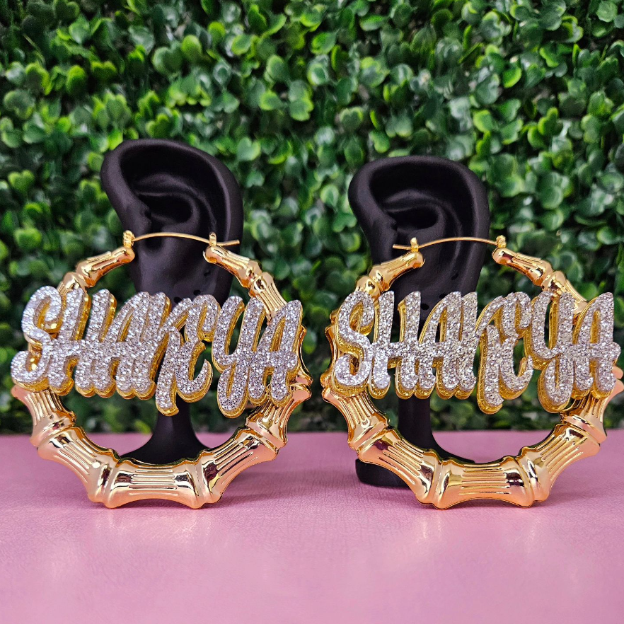 60mm Acrylic Nameplated Gold Plated Bamboo Earrings Personalized Name Earrings