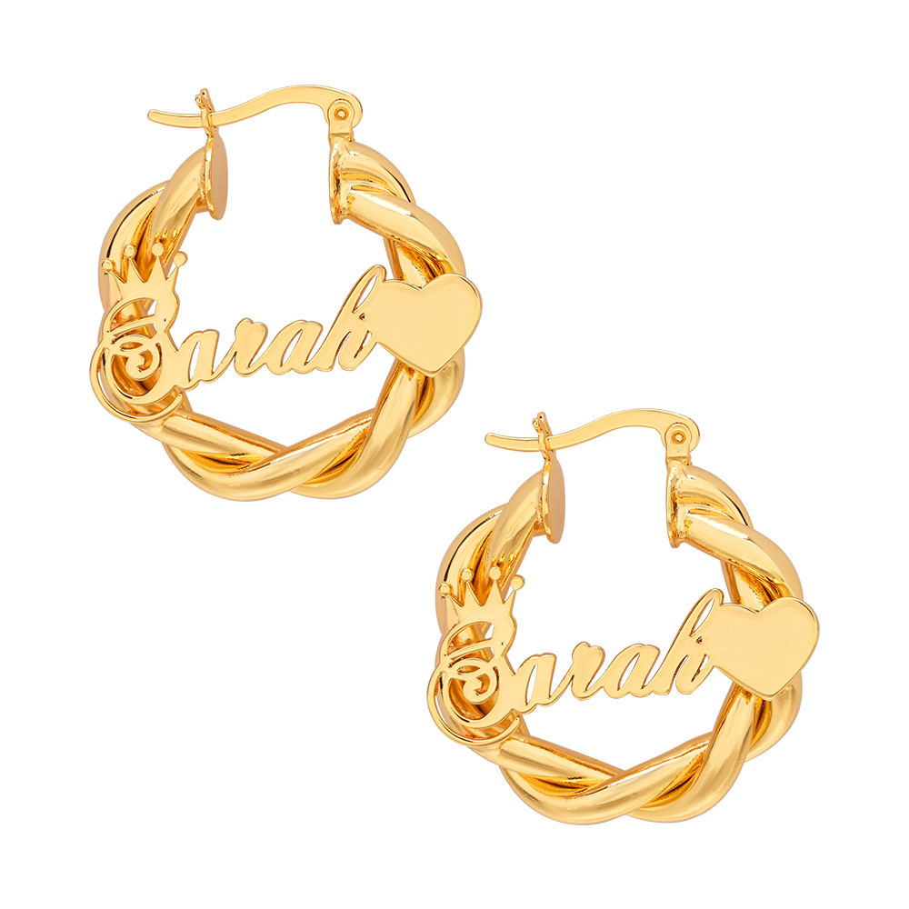 22mm Crown Mini Twist Hoop Earrings Personalized Name Earrings Custom Gold Plated