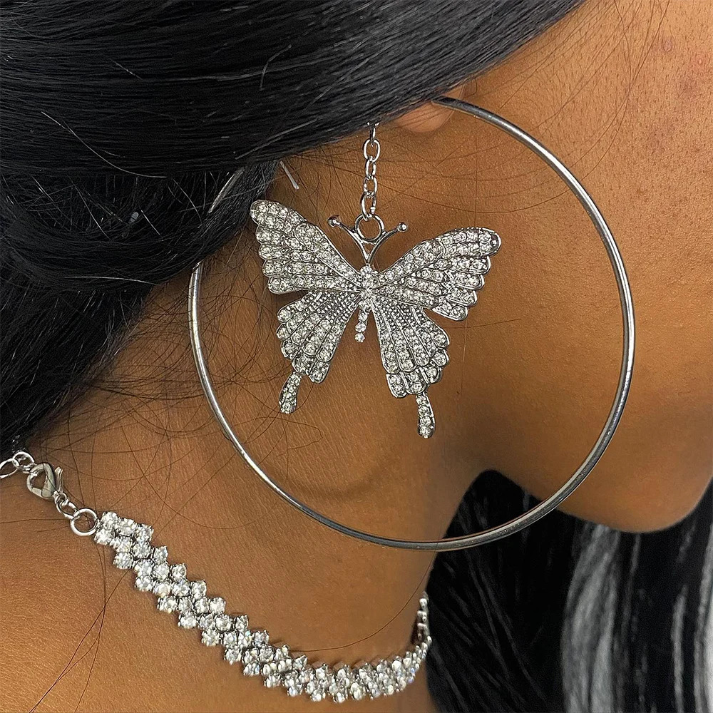 Crystal Big Butterfly Hoop Earrings White Gold Earrings