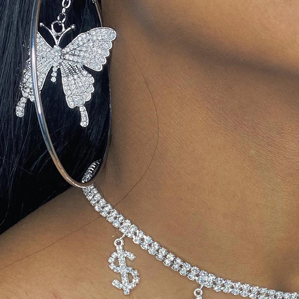 Crystal Big Butterfly Hoop Earrings White Gold Earrings