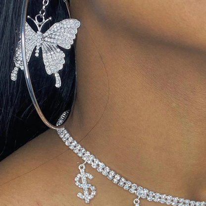 Crystal Big Butterfly Hoop Earrings White Gold Earrings