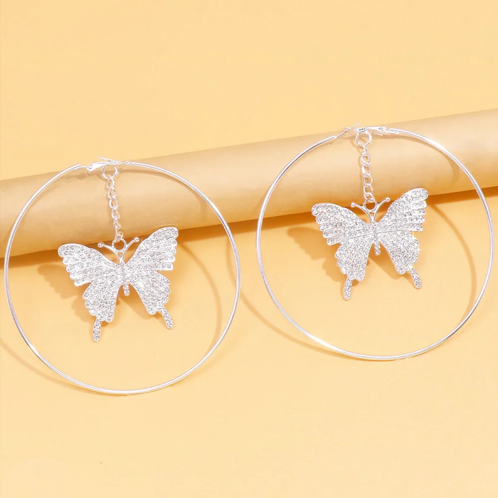 Crystal Big Butterfly Hoop Earrings White Gold Earrings