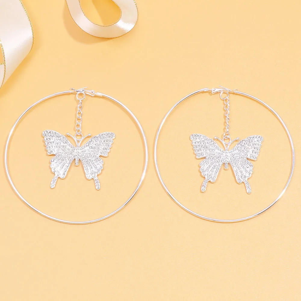 Crystal Big Butterfly Hoop Earrings White Gold Earrings