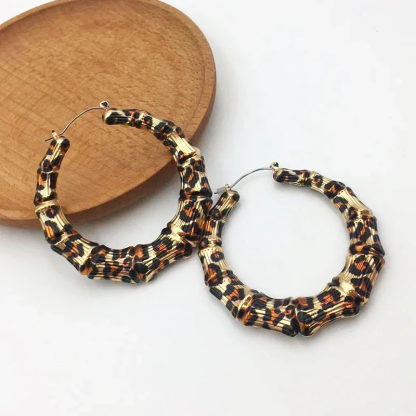 Vintage Leopard Round Metal Hoop Bamboo Earrings Stainless Steel